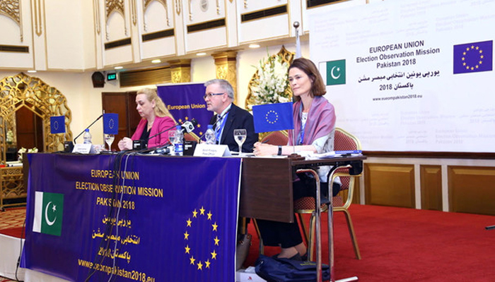 Chief Observer Michael Gahler addresses a press conference in Islamabad as the EU Election Observation Mission begins its work in Pakistan ahead of 2018 elections. — EU Observer Mission
