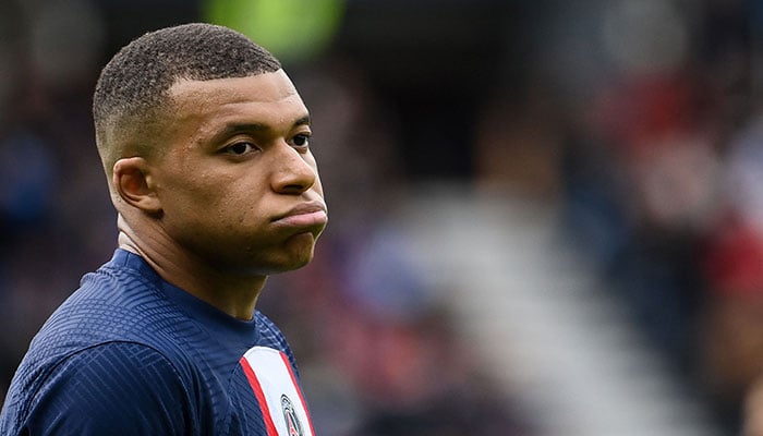 Paris Saint-Germain's French forward Kylian Mbappe reacts during the French L1 football match between Paris Saint-Germain (PSG) and FC Lorient at Parc des Princes stadium in Paris on April 30, 2023.—AFP