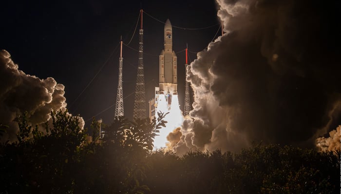 Ariane 5 flight VA261 lifts off from Europe’s Spaceport in French Guiana, lighting up the black night sky and jungle surroundings on July 5, 2023. — Twitter/@ESA