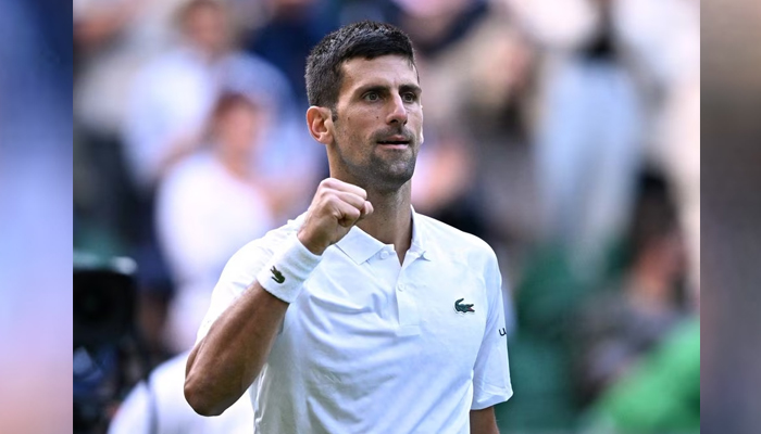 Serbias Novak Djokovic celebrates after winning his second-round match against Australias Jordan Thompson on July 5, 2023. — Reuters