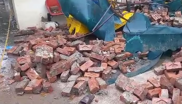 The destruction caused by a wall collapse at Government Mozang Teaching Hospital in Lahore, on July 6, 2023, in this still taken from a video. — Geo News