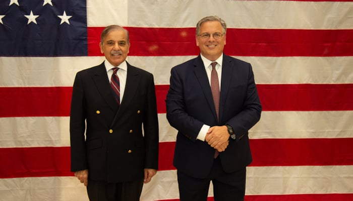 Prime Minister Shehbaz Sharif (left) with US Ambassador to Pakistan Donald Blome in Islamabad, on July 7, 2023. — Twitter/@usembislamabad