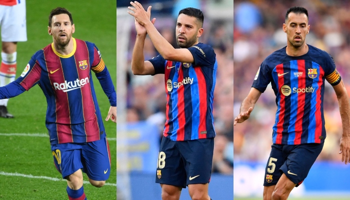 Lionel Messi, Jordi Alba and Sergio Busquets in these file photos can be seen in Barcelona colours. — AFP/Files