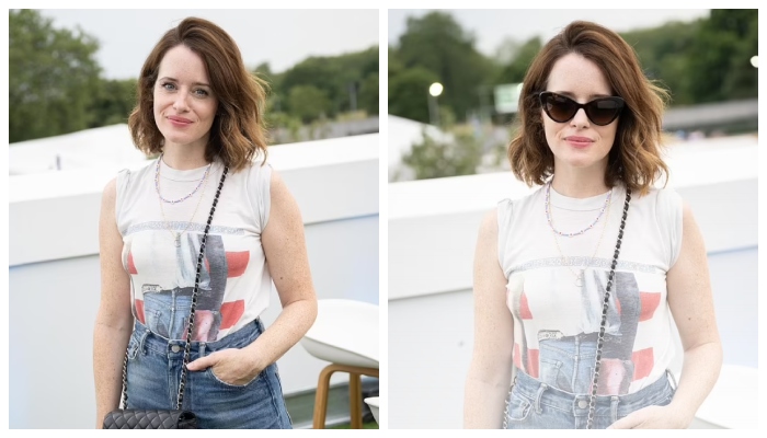 Claire Foy looks casual in a white top with a cheeky design