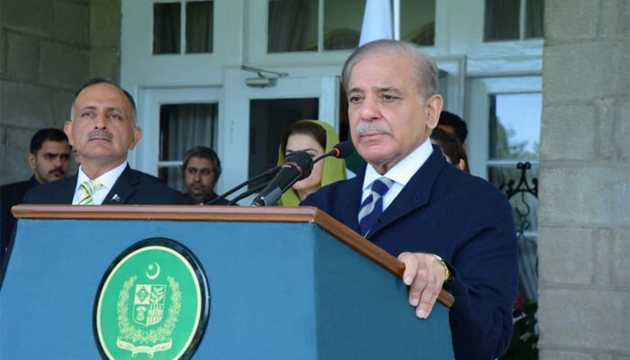 PM Shehbaz Sharif addressing ceremony of signing of MoU between Pakistan and Switzerland in Nathiagali on July 8, 2023. — AFP