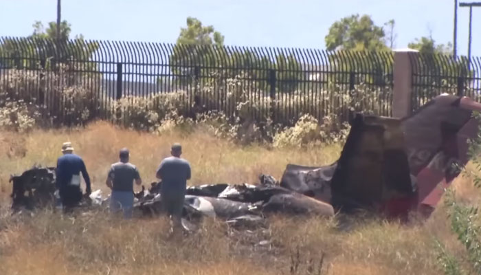 Authorities investigate after a small plane crashed in Riverside County, Southern California on July 8, 2023. — Screengrab/YouTube/CBS 8 San Diego