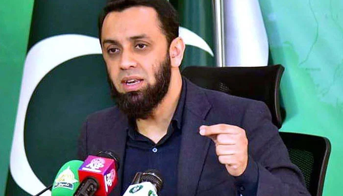 Special Assistant to the Prime Minister on Interior and Legal Affairs Attaullah Tarar addressing a press conference at the PTV HQ on February 7, 2023. — APP