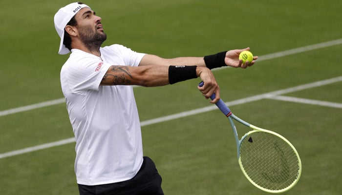 Matteo Berretini of Italy during a practice game at the All England Lawn Tennis and Croquet Club on July 2, 2023 in London, Britain. - Reuters