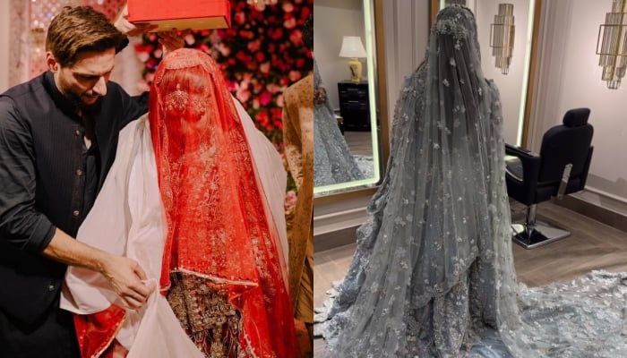 A collage of Aqsa Afridi in her wedding dresses. — Instagram/Twitter