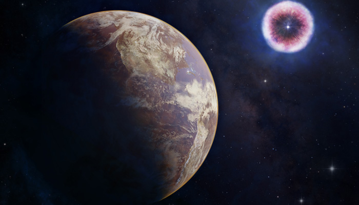 This illustration from Nasa shows an Earth-like planet with a supernova in the background. — Nasa