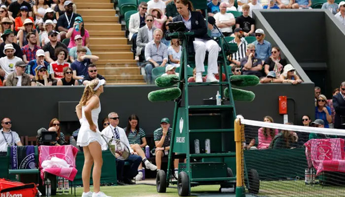 Mirra Andreeva complains to the umpire, Louise Engzell, after being docked a point during her defeat against Madison Keys at Wimbledon. Photograph: —The Guardian