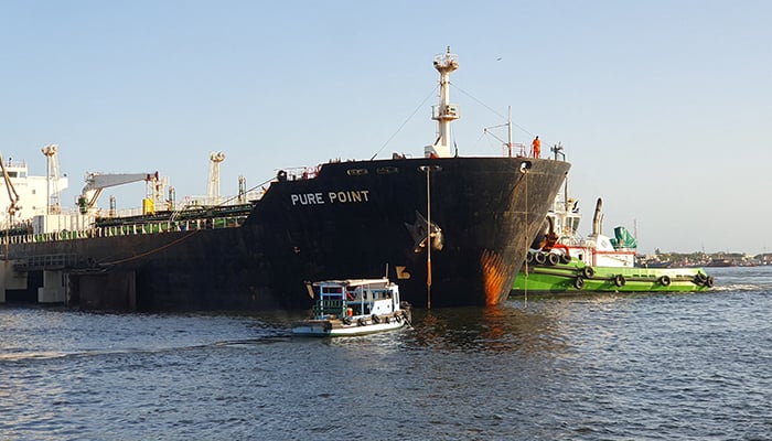 A view of the Russian oil cargo Pure Point, carrying crude oil, is seen anchored at the port in Karachi, on June 11, 2023. — Reuters