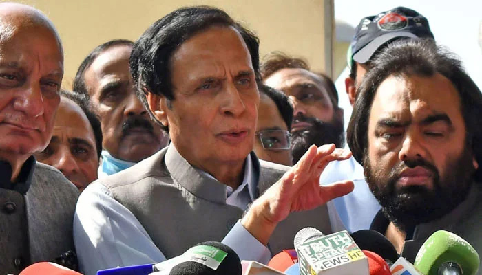 PTI President Parvez Elahi addressing media person in this undated photo. — Online/File