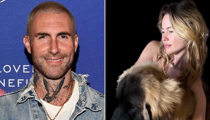 Adam Levine playfully teases his wifes hair by comparing it to their dogs coat