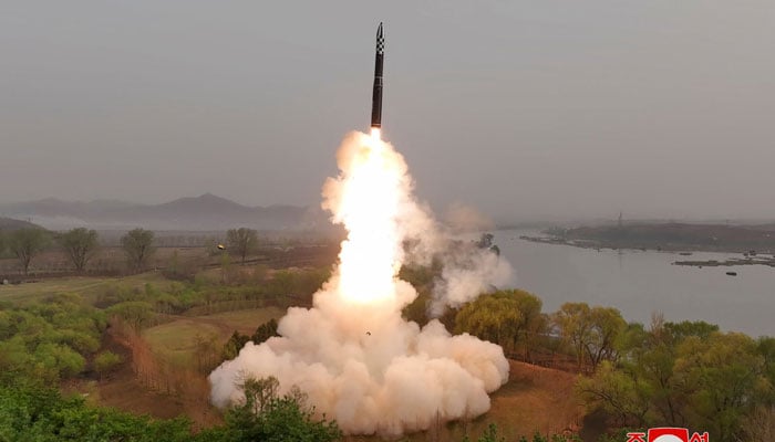 This picture taken on April 13, 2023, shows the test-fire of the new Hwasongpho-18 ICBM at an undisclosed location in North Korea. — AFP