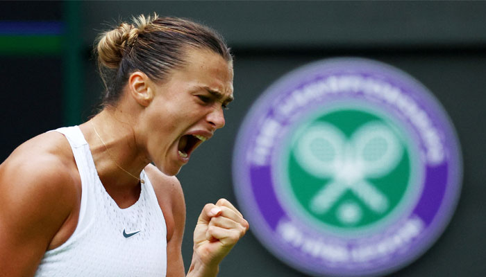 Belarus Aryna Sabalenka reacts during her quarter final match against Madison Keys of the US. — Reuters