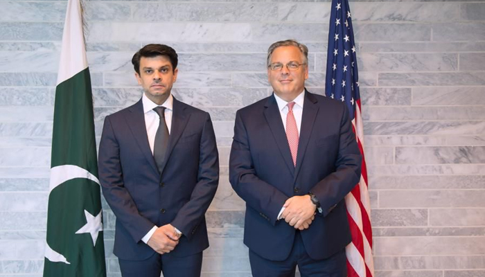 Special Assistant to the Prime Minister on Interior Jawad Sohrab Malik (left) with US Ambassador Donald Blome in Islamabad, on July 12, 2023.