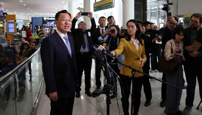 Xie Feng, Chinas new ambassador to the U.S., addresses the media as he arrives at JFK airport in New York City, U.S., May 23, 2023. REUTERS/File