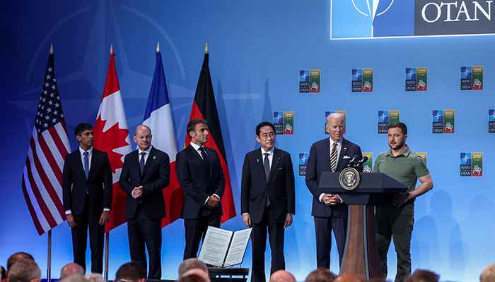 Ukraines President Volodymyr Zelenskiy speaks during an event with G7 leaders to announce a Joint Declaration of Support to Ukraine, as the NATO summit is held in Vilnius, Lithuania July 12, 2023. — Reuters