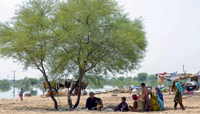 Internally displaced flood-affected people take shelter on high grounds in a flood-hit area following heavy rains in Dera Allah Yar town of Jaffarabad district in Balochistan province on September 7, 2022. — AFP
