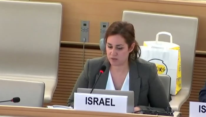 Israel’s Permanent Representative to the UN Adi Farjon speaks at a HRC meeting in Geneva. — Twitter/@IsraelinGeneva