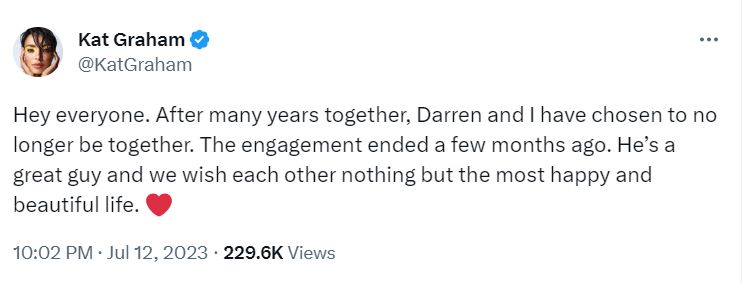 Kat Graham announces split from fiancé Darren Geret on Twitter