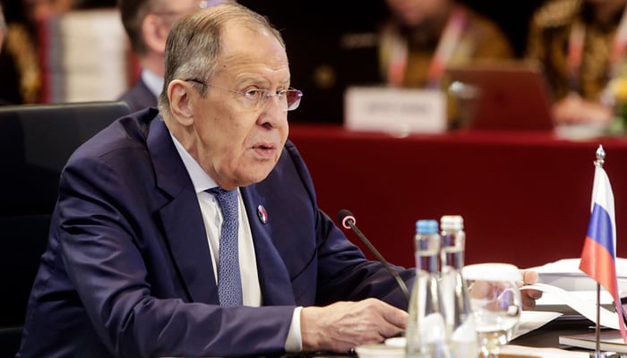 Russian Foreign Minister Sergei Lavrov speaks during the ASEAN Post Ministerial Conference with Russia at the Association of Southeast Asian Nations (ASEAN) Foreign Ministers' Meeting in Jakarta, July 13, 2023. - AFP