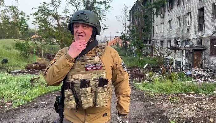 This picture footage posted on May 25, 2023, from Telegram, shows the chief of the Russian mercenary group Wagner, Yevgeny Prigozhin speaking in Bakhmut. — AFP