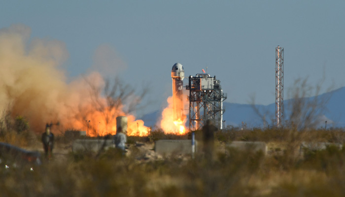 A Blue Origin New Shepard rocket launches from Launch Site One in West Texas, north of Van Horn, on March 31, 2022. — AFP