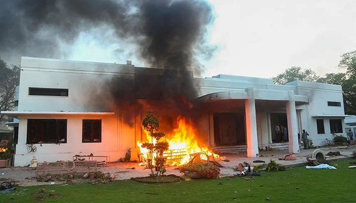 Lahore Corps Commander House (or Jinnah House), which was set afire by supporters of former prime minister Imran Khan during a protest against his arrest, in Lahore, on May 9, 2023. — Reuters