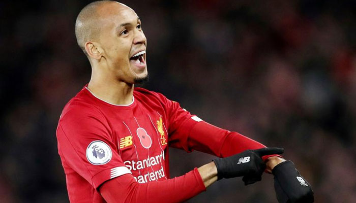 Liverpools Fabinho celebrates scoring their first goal. — Reuters/File