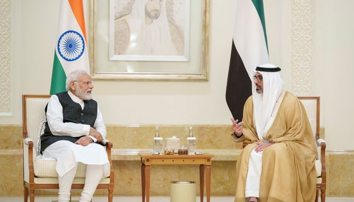 Sheikh Khaled bin Mohamed bin Zayed Al Nahyan, Crown Prince of Abu Dhabi, meets Indian Prime Minister Narendra Modi during his official visit in Abu Dhabi, UAE, July 15, 2023. — Reuters