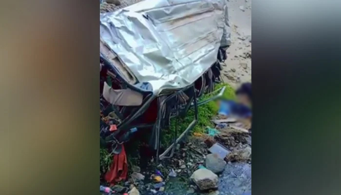 A bus falls into a deep gorge in Diamer, Gilgit-Baltistan, on July 16, 2023, in this still taken from a video. — Reporter