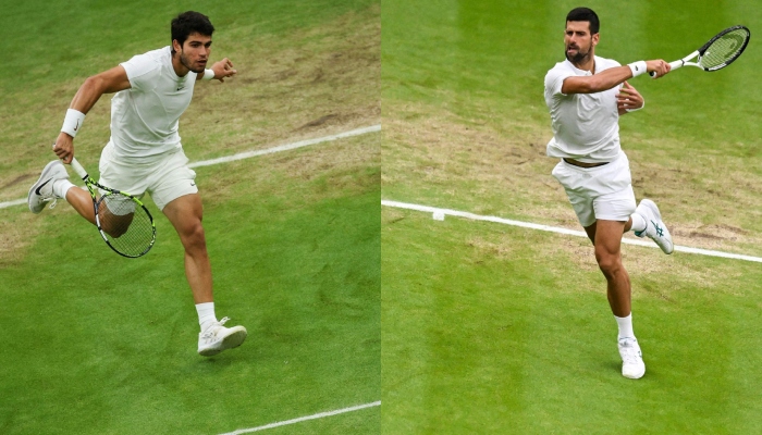 This combination of pictures taken and created on July 14, 2023 shows Spains Carlos Alcaraz (left) and Serbias Novak Djokovic returning the ball during mens singles at Wimbledon Championship. AFP/File