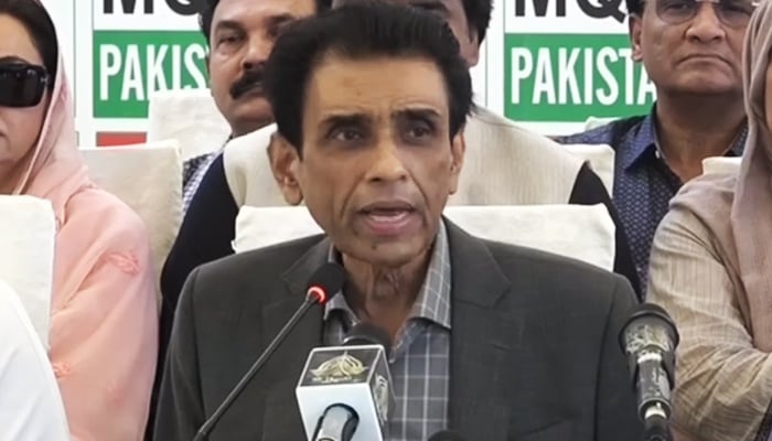 MQM-P Convener Dr Khalid Maqbool Siddiqui addressing a press conference in Karachi, on July 17, 2023, in this still taken from a video. — YouTube/GeoNews