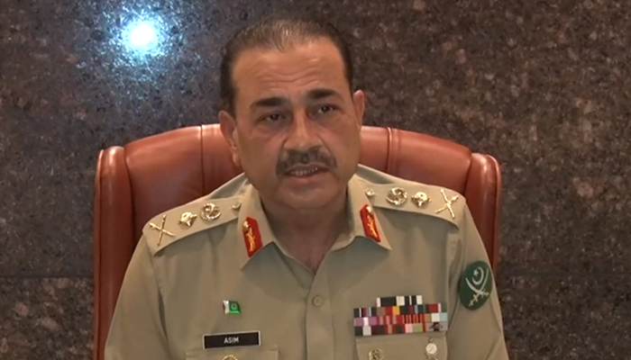 Chief of Army Staff (COAS) General Asim Munir addresses top commanders at the GHQ in Rawalpindi, in this still taken from a video on July 17, 2023. — ISPR