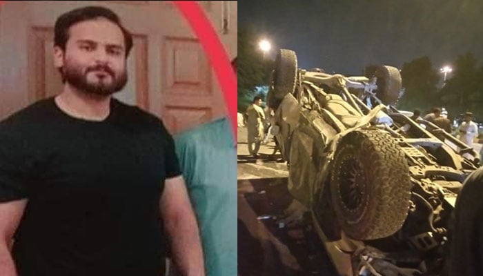 Tariq Fazal Chaudhrys son Anza Tariq (L) and a picture of his overturned car. —Twitter@Islamabadies