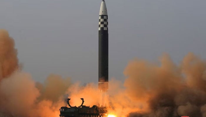 General view during the test firing of what state media report is a North Korean new type of intercontinental ballistic missile (ICBM) in this undated photo released on March 24, 2022. — Reuters