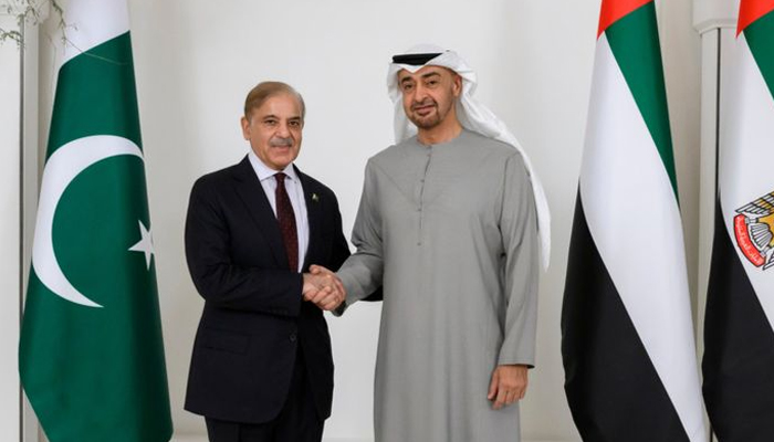 United Arab Emirates President Sheikh Mohamed bin Zayed Al Nahyan (right) and Prime Minister Shahbaz Sharif pose for a photo before their meeting at Al Shati Palace. - UAE Presidential Court/File
