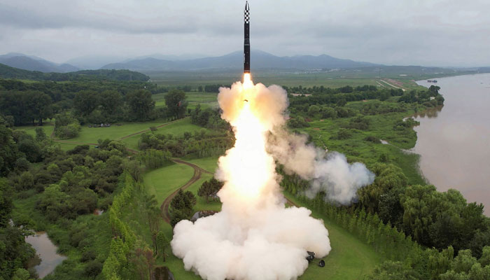 This picture taken on July 12, 2023, shows the test-firing of a new intercontinental ballistic missile (ICBM) Hwasong-18 at an undisclosed location in North Korea. — AFP