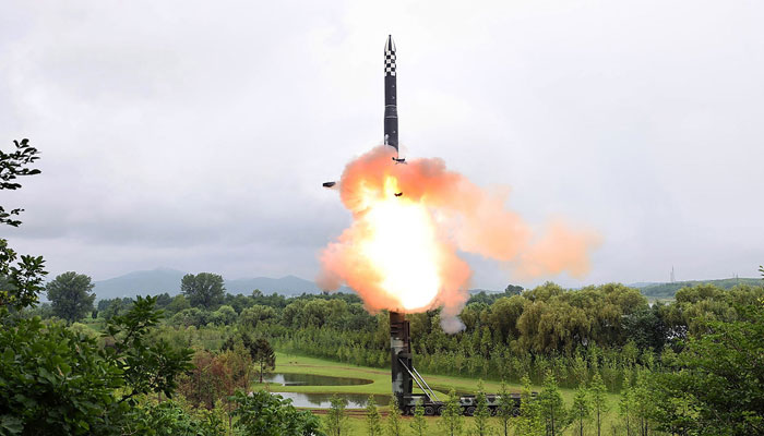 This picture taken on July 12, 2023, shows the test firing of a new ICBM Hwasong-18 at an undisclosed location in North Korea. — AFP