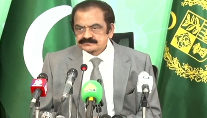 Interior Minister Rana Sanaullah is addressing a press conference in Islamabad in this still taken from a video on July 19, 2023. — GeoNews/YouTube