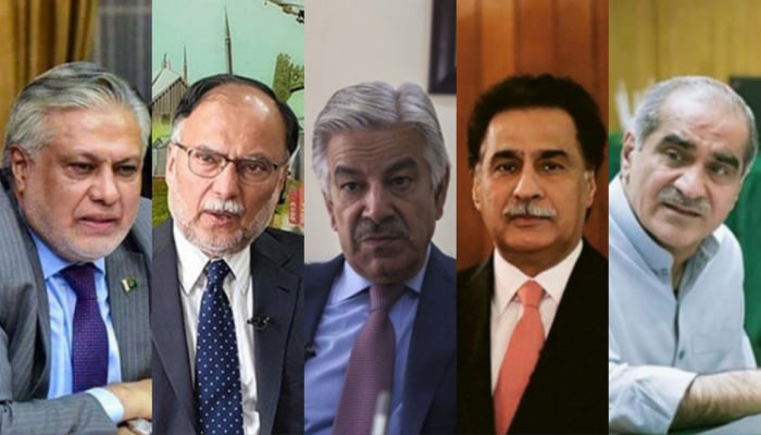 A collage of federal ministers Ishaq Dar, Ahsan Iqbal, Khawaja Muhammad Asif, Sardar Ayaz Sadiq and Khawaja Saad Rafiq. — AFP/PID/Instagram