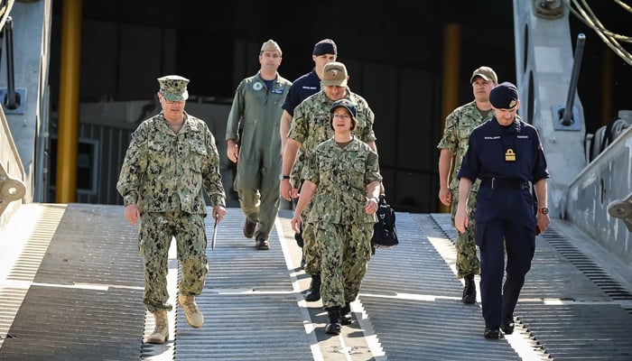 Admiral Lisa Franchetti, (center), can be seen while she was vice admiral and the commander of the US Navys 6th Fleet and Naval Striking and Support Forces NATO. — US Navy website