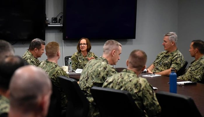 Vice Chief of Naval Operations Admiral Lisa Franchetti while chairing a meeting on her visit to the Submarine Capital of the World, Naval Submarine Base New London. — Instagram/grotonsubs