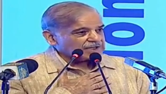Prime Minister Shehbaz Sharif is addressing a ceremony in this still taken from a video on Jul 22, Saturday. — YouTube/PTVNews
