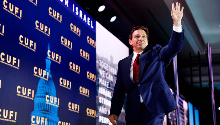 Republican presidential candidate Florida Governor Ron DeSantis departs after delivering remarks at the 2023 Christians United for Israel (CUFI) summit on July 17, 2023, in Arlington, Virginia. — AFP
