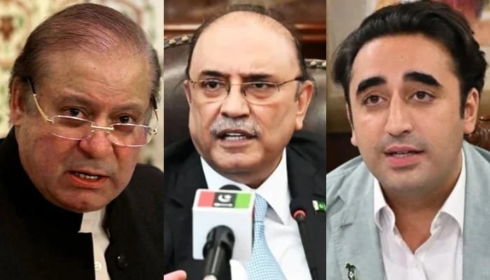 Left to right: PML-N chief Nawaz Sharif, PPP cho-chairman Asif Zardari and Foreign Minister Bilawal Bhutto. — Reuters/PPP Media Cell/Twitter/File