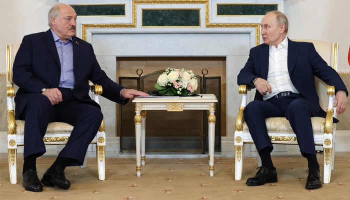 Russia's President Vladimir Putin (right) meets with Belarus President Alexander Lukashenko (left) at the Constantine Palace in Strelna, outside St Petersburg, on July 23, 2023. - AFP