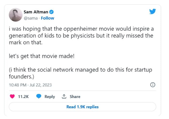 Sam Altman, CEO of Open AI, disappointed with Christopher Nolans Oppenheimer movie